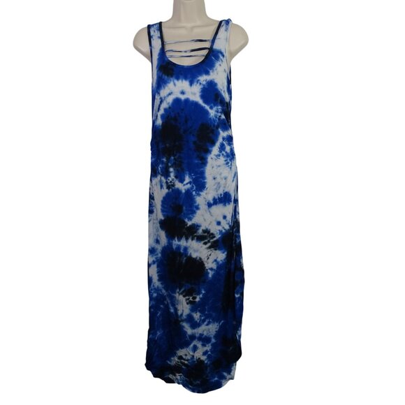 Cato Dresses & Skirts - Cato Blue Tie Dye Maxi Tank Dress Women Size MP Slits Strappy Neckline Ruched